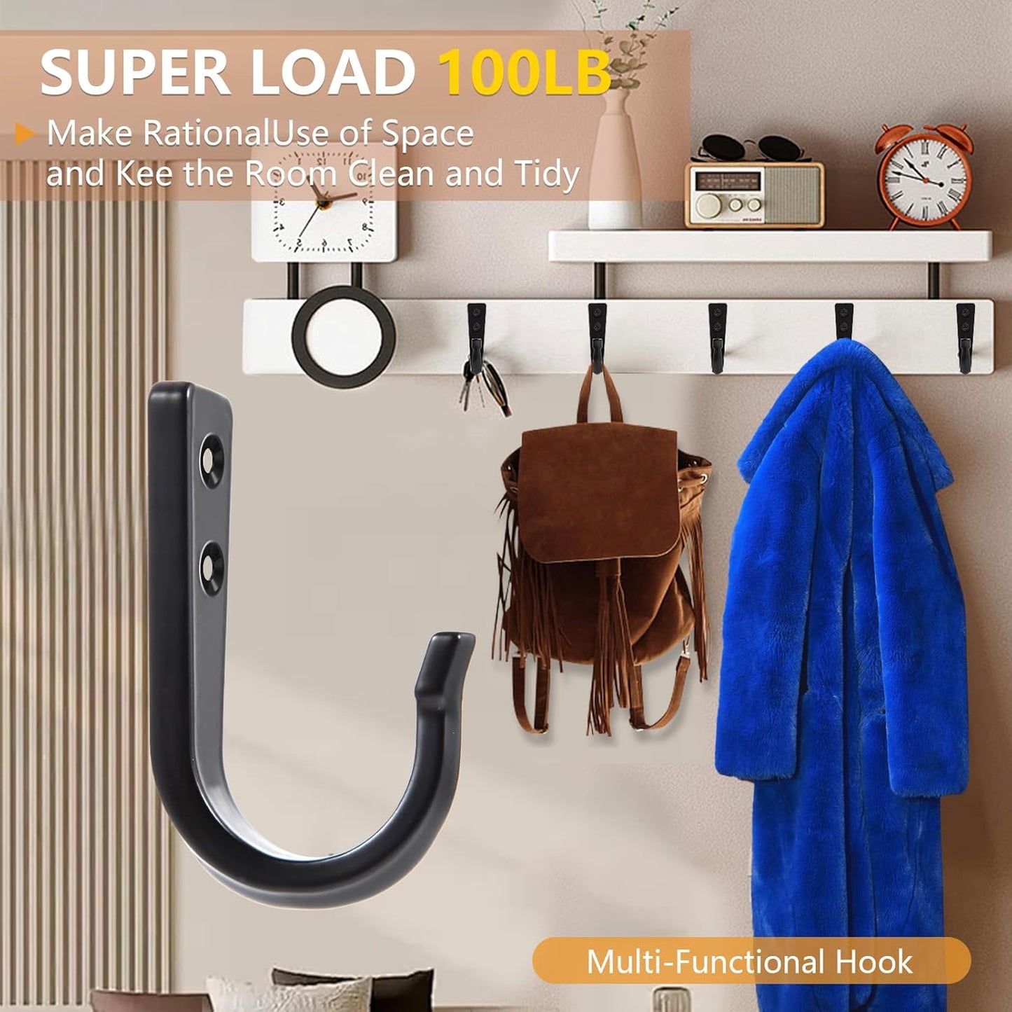 5 Large Size Heavy Duty Wall Hooks, Coat Hooks for Hanging Pans, Backpacks, Coats, Garage Items (Black)