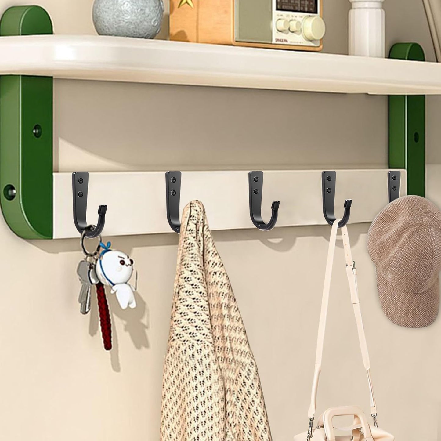 5 Large Size Heavy Duty Wall Hooks, Coat Hooks for Hanging Pans, Backpacks, Coats, Garage Items (Black)