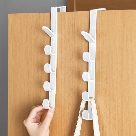 Over-the-door hook rack with five white clips, hand adjusting hanging hooks