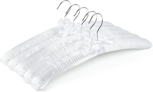 White satin padded clothing hangers with chrome hooks, fanned side view