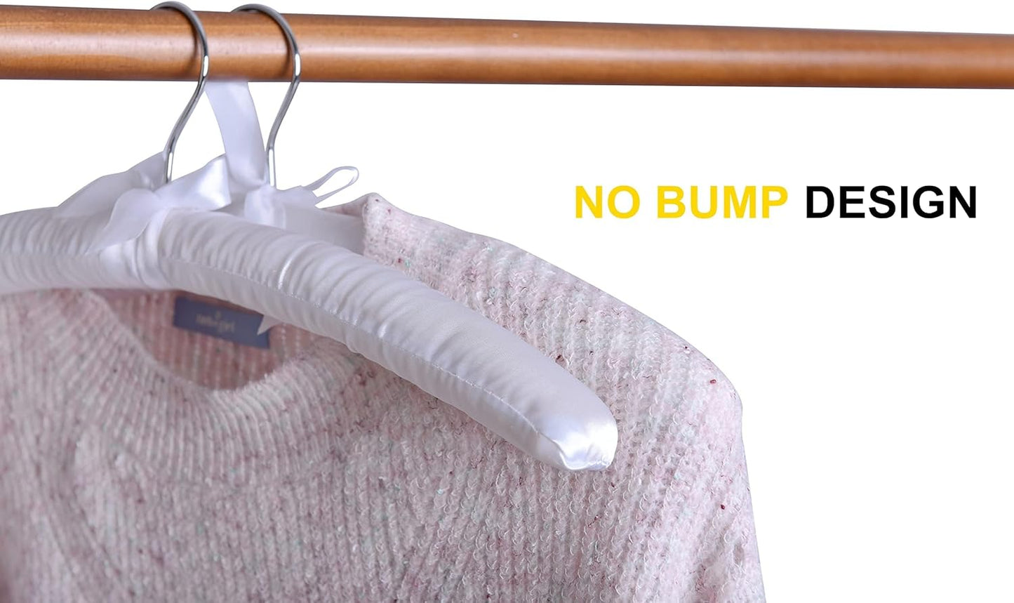 5 Pack 17 Inch Large White Satin Padded Hangers for Women Clothing, Anti Slip Cushioned for Sweaters, Silk Fancy Dress for Wedding, Delicate Cashmere