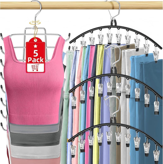 Legging organizer clips on metal multi-hanger rack with pink clothing pieces