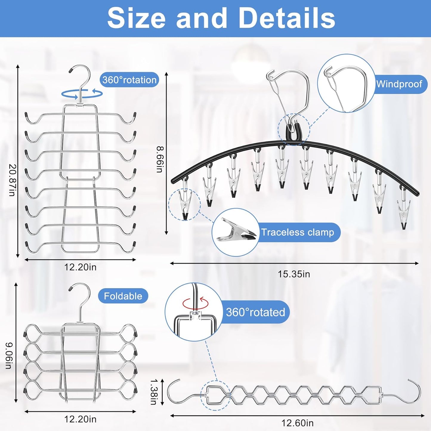 5 Pack Legging Organizer for Closet Hanging, 3 Pants Leggings Hangers with 30 Clips, 1 Tank Top Hanger, 1 Metal Magic Space Saving Hangers Closet Organizers and Storage for Pants Skirts Bra
