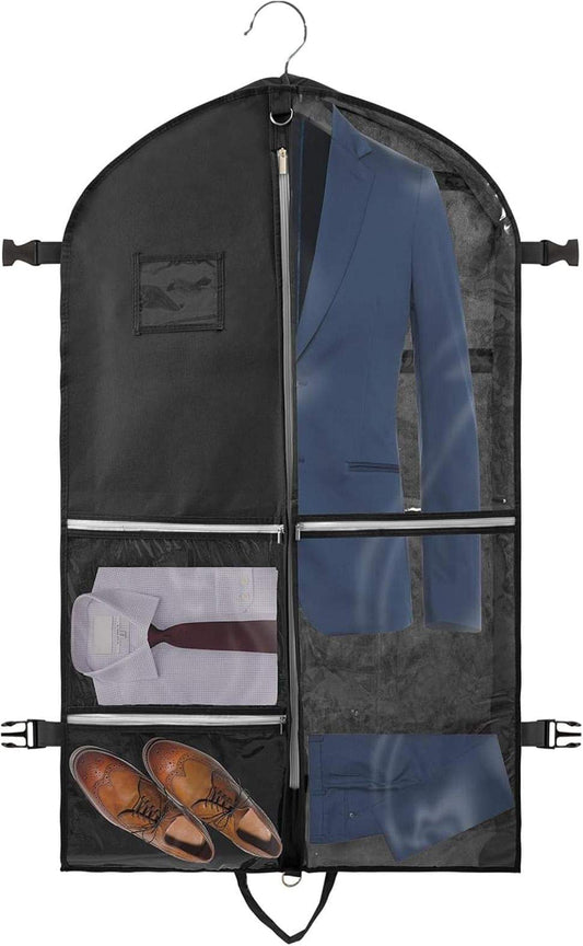 Black foldable suit garment bag with hanging loop, zip closure, and front storage pockets