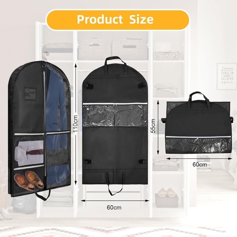 5 Pockets Garment Bag Foldable Suit Cover Clothing Storage, 110x60 cm, Black
