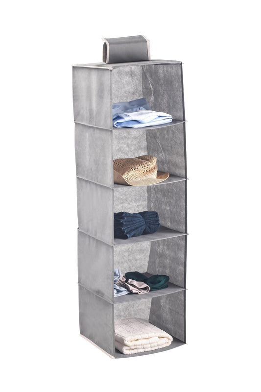 Grey hanging closet organizer with 5 stacked fabric shelves for folded clothes