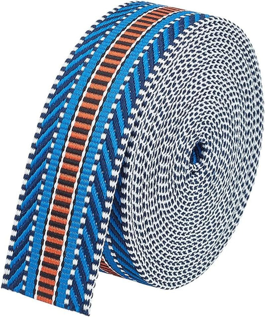 Multicolor jacquard arrow ribbon tape roll, blue with white and brown stripes.