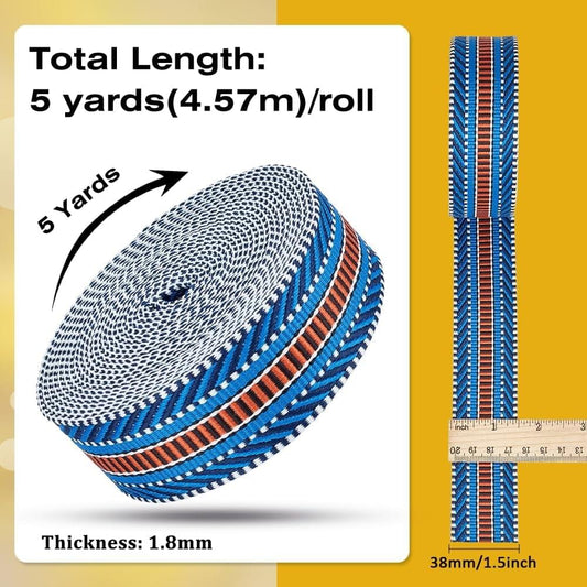 Jacquard arrow ribbon roll with bold blue stripes, white ground, and brown accents.