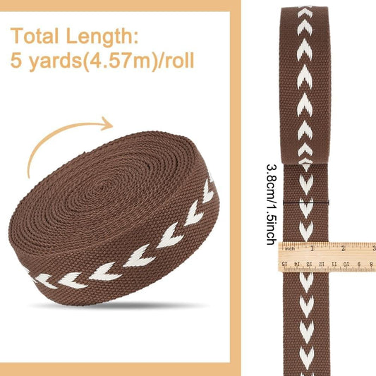 Brown jacquard arrow ribbon roll with repeating white chevrons, shown with width markings