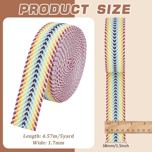 Arrow-pattern striped ribbon roll and flat ribbon strip in rainbow pastel with navy zigzags