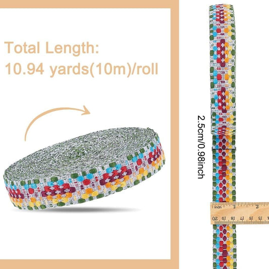 Olive green jacquard arrow ribbon roll with multicolor diamond pattern
