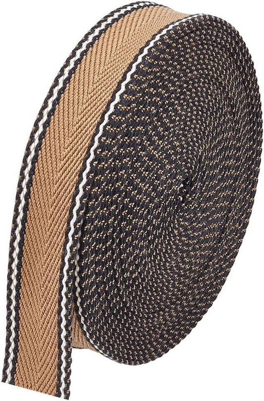 Brown and black arrow jacquard ribbon trim with cream striped border, curved roll