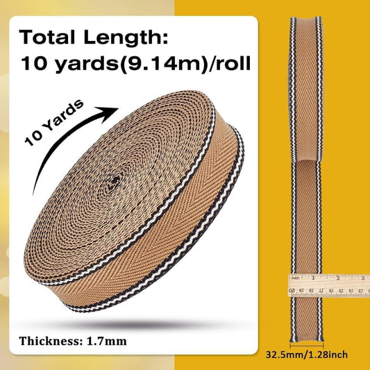 Tan arrow jacquard ribbon trim with cream and dark stripes, rolled length detail