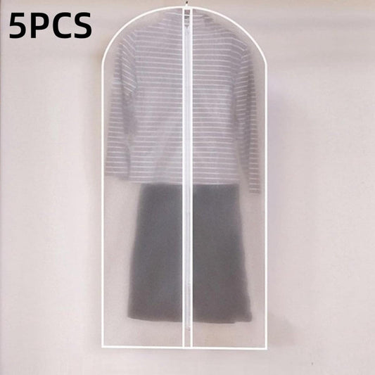 Translucent PEVA garment storage bag with central zipper, arched top for hanging