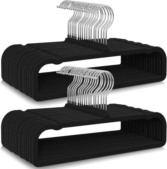 Black velvet non-slip clothes hanger set with metal swivel hook, rounded frame
