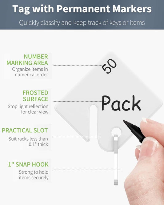 White frosted square tag with permanent marker area and metal snap hook