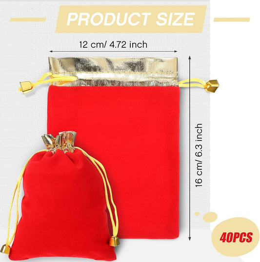 Red velvet drawstring pouch with gold-toned cord caps