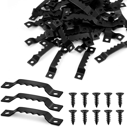 Black metal sawtooth picture hangers and screws, hanging hardware set