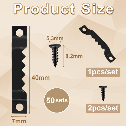 Black sawtooth picture hanger hardware with screw dimensions, 50 sets