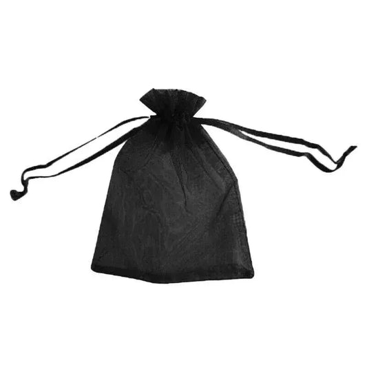 Black sheer organza drawstring pouch bag, gathered top with ribbon ties.