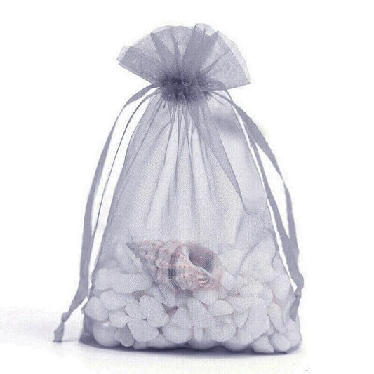Sheer organza drawstring bag in dark grey with bundled gathered top and white beads