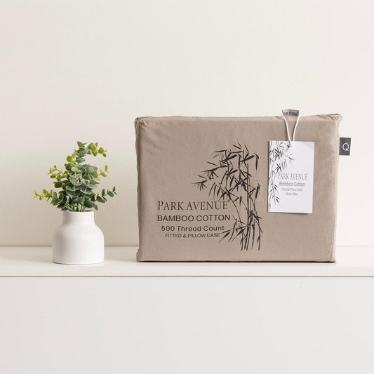 Pewter bamboo cotton fitted sheet and pillow case set, 500 thread count, in box
