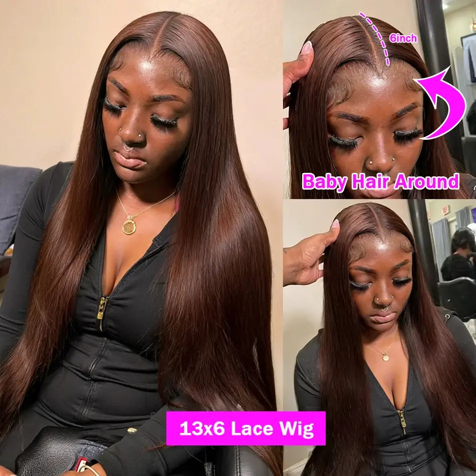 Chocolate brown straight lace wig with natural baby hairs around hairline, long smooth length