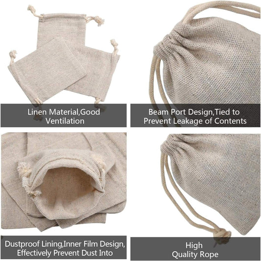 Light beige drawstring pouches with tassel cords, small pouch shown open