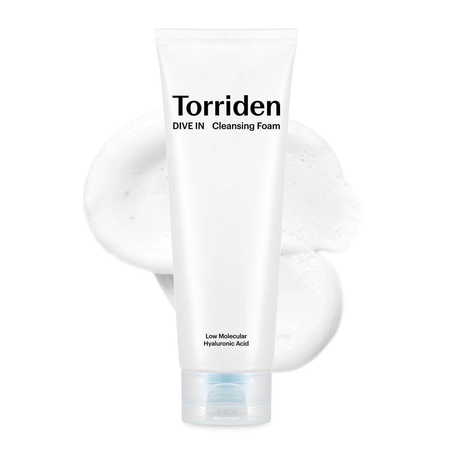 Torriden Dive In cleansing foam tube, white with blue base label and pump-style nozzle