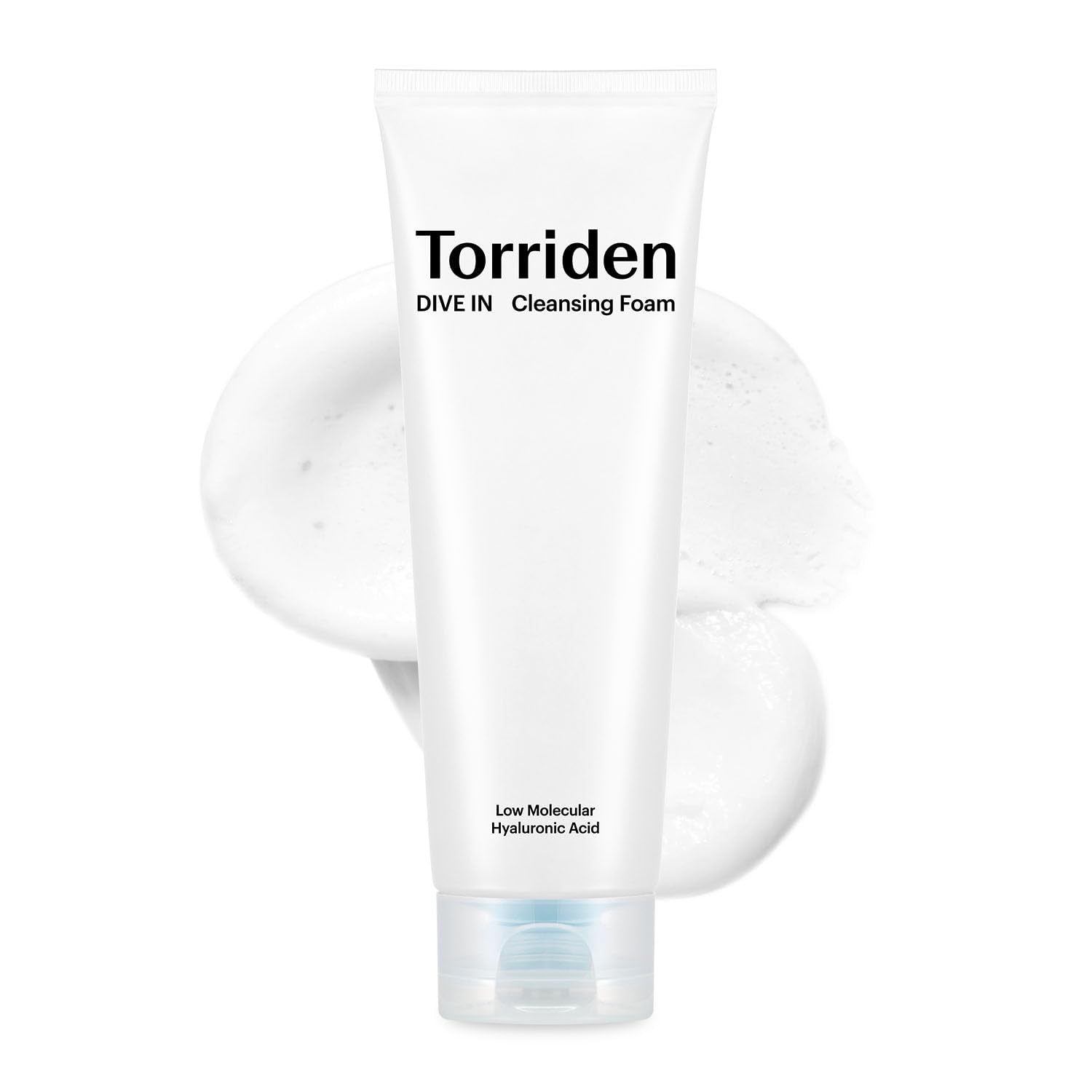 Torriden Dive In cleansing foam tube, white with blue base label and pump-style nozzle