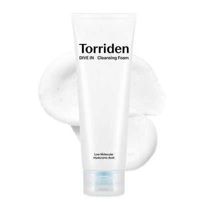 Torriden Dive In cleansing foam tube, white with blue base label and pump-style nozzle
