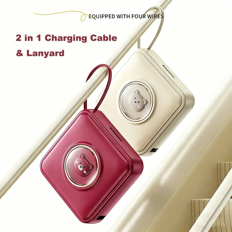 Beige and red makeup mirror power banks with pet cartoon face and charging cables