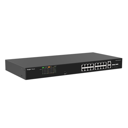 RG-ES118FGS-LP 16-Port 10/100 Mbps + 2-Port Gigabit Unmanaged PoE Switch – Fanless, High-Performance, Ideal for Surveillance & Small Business Networks