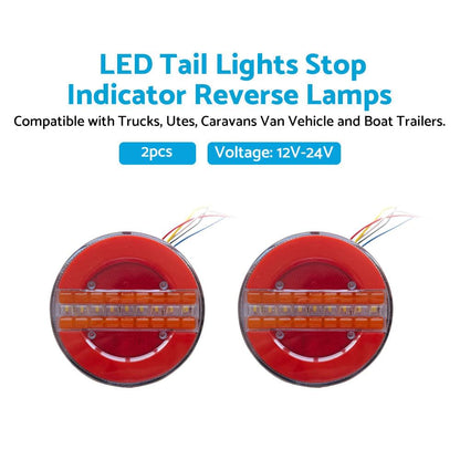 Pair of 2 round LED tail lights, red lens with amber strip, black housings