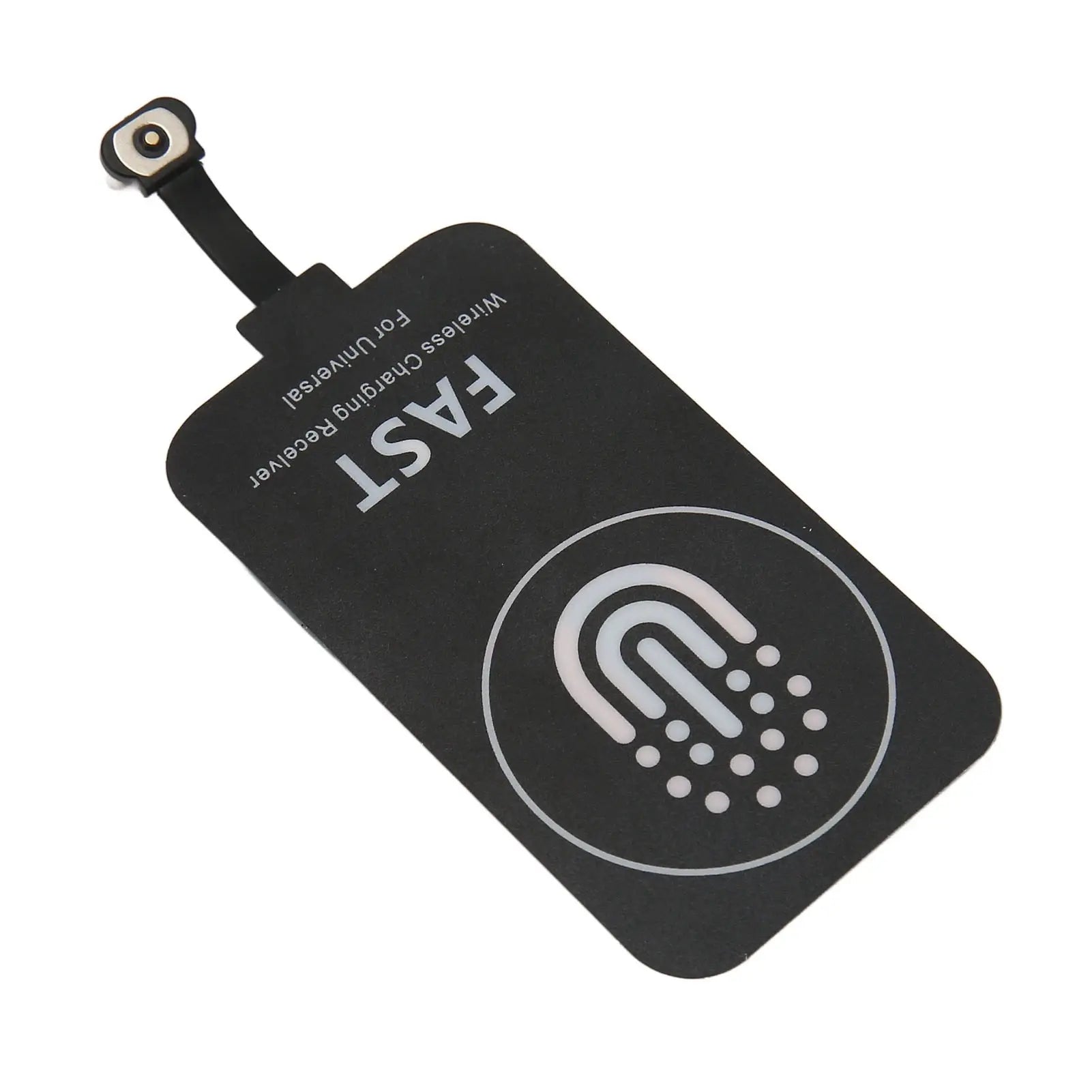 Black wireless charging receiver patch with pin mount and charging icon label