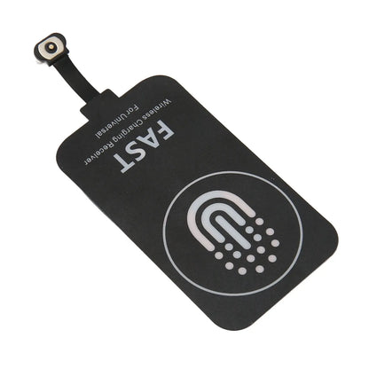 Black wireless charging receiver patch with pin mount and charging icon label