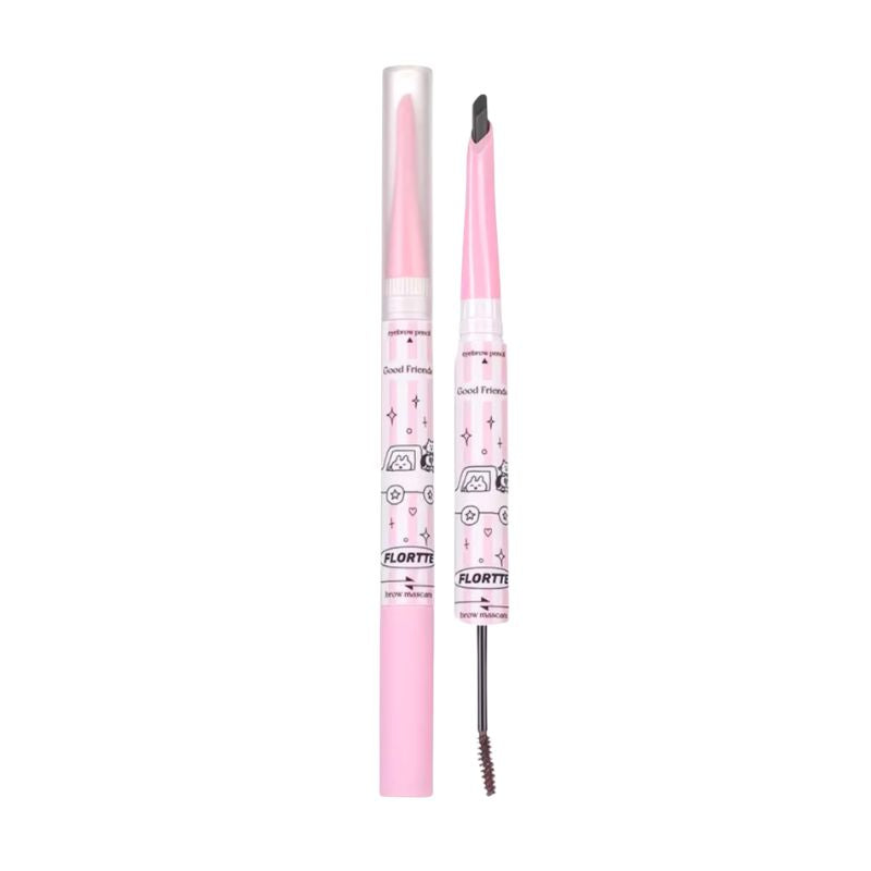 FLORTTE dual-ended eyebrow mascara with dark tint and spoolie brush, in light pink tube