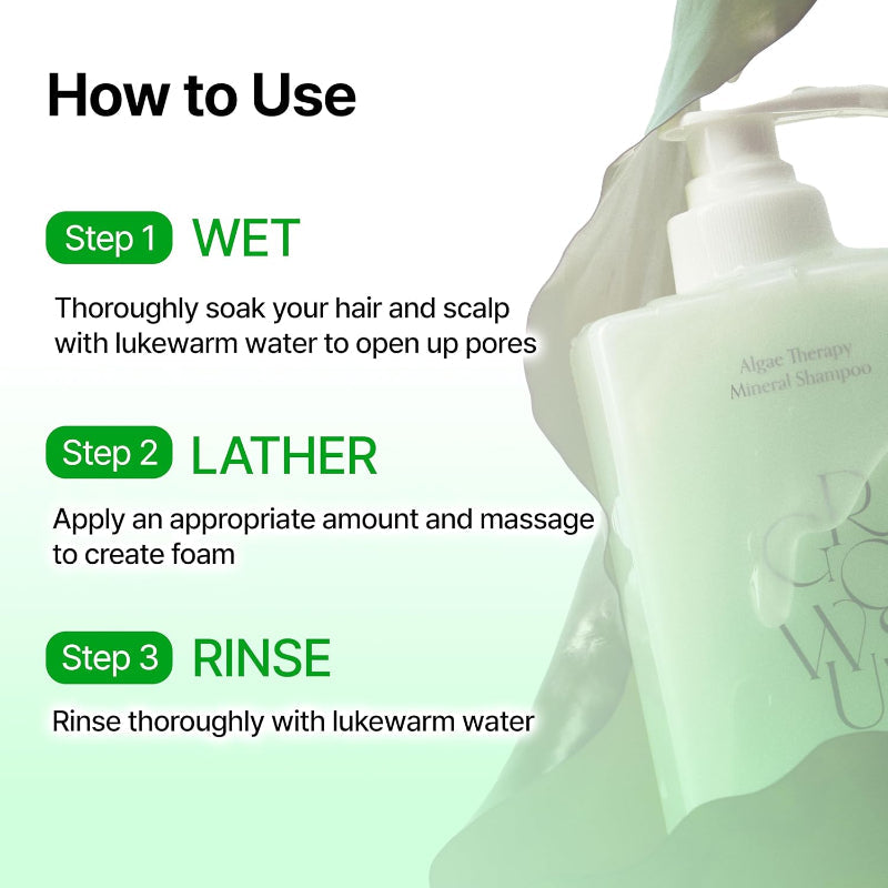 How-to-use infographic with three steps and a shampoo bottle on the right.