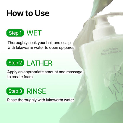 How-to-use infographic with three steps and a shampoo bottle on the right.