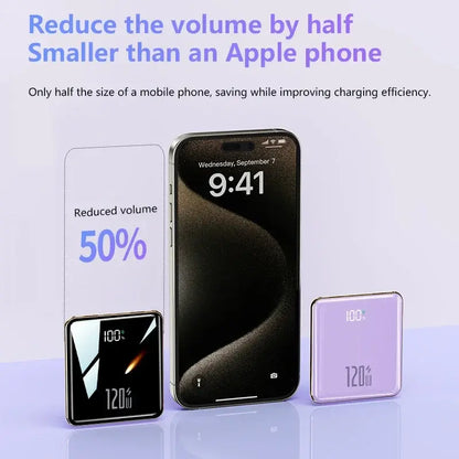 Compact mini power bank with LED display, reduced-size design and slim body