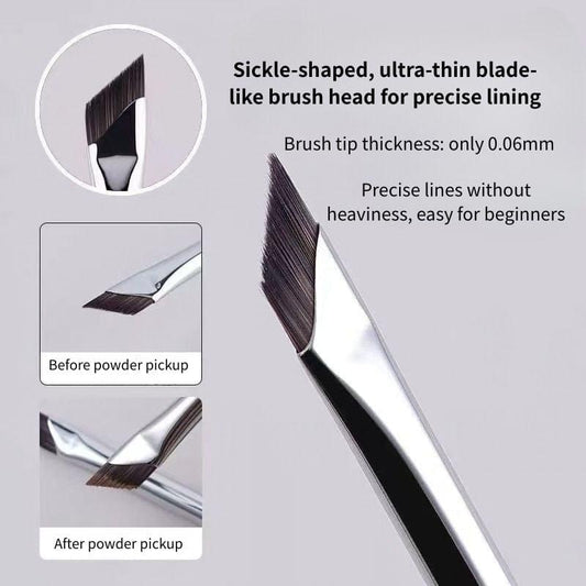 Angled eyeliner brush with silver ferrule, black handle, flat angled bristle tip
