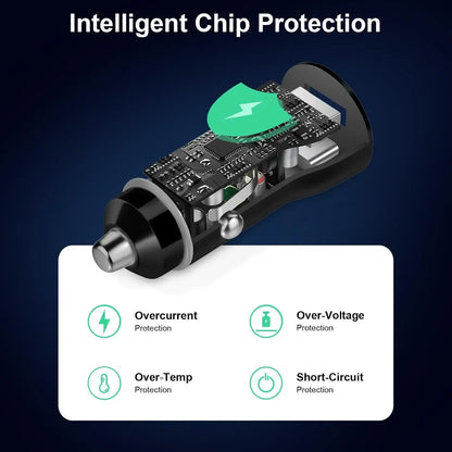 Black USB car charger with built-in protection circuitry and cable connector