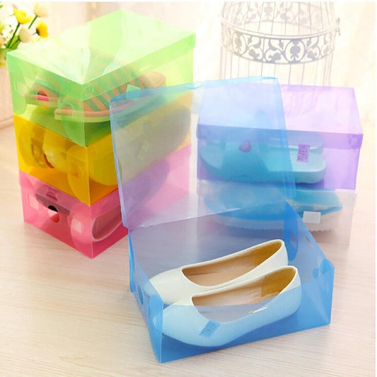 Blue foldable clear shoe storage box with flip lid and two pairs of shoes