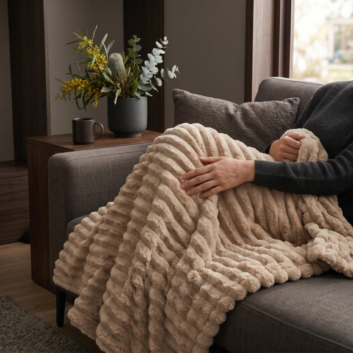 Light coffee ribbed flannel throw blanket on sofa, one section folded back
