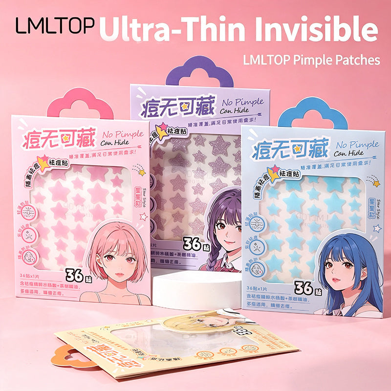 Ultra-thin invisible pimple patch kit featuring pink and blue star-shaped patch packs