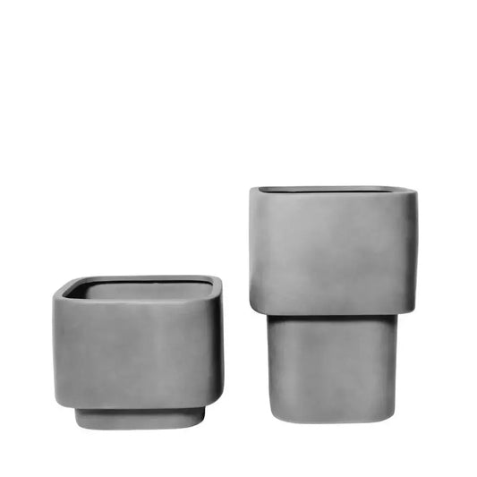 Concrete gray stacked cube planters set, two matching cube pots
