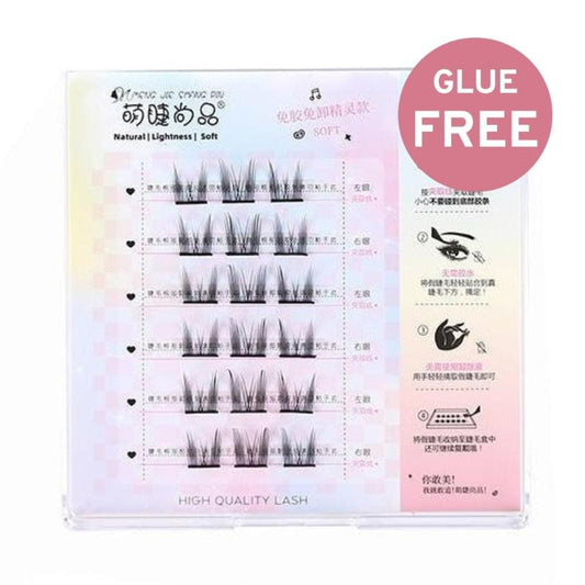 Self-adhesive false eyelash strip set in clear case, multiple lash pairs