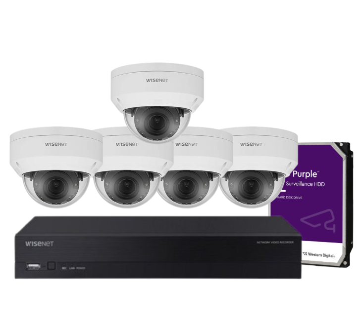 Hanwha Wisenet 8‑Camera CCTV Kit – CT‑ANV‑L7082R 4 MP Dome + CT‑ARN‑810S 8‑Ch 8 MP AI NVR with HDD – Outdoor Vandal‑Resistant, H.265, PoE+