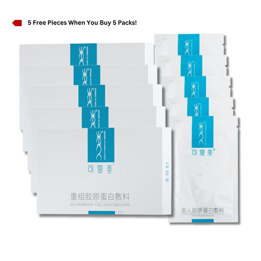 Recombinant collagen dressing sachets, white pouches with blue logo label
