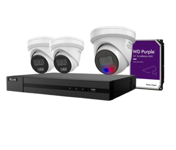 HiLook 6MP AI Fixed Turret CCTV Kit with Dual Microphone, Strobe Light, and 4K PoE NVR – IPC-T269H-MU/SL, IPC-T361H-MU-AUS, NVR-108MH-C/8P, NVR-104MH-C/4P